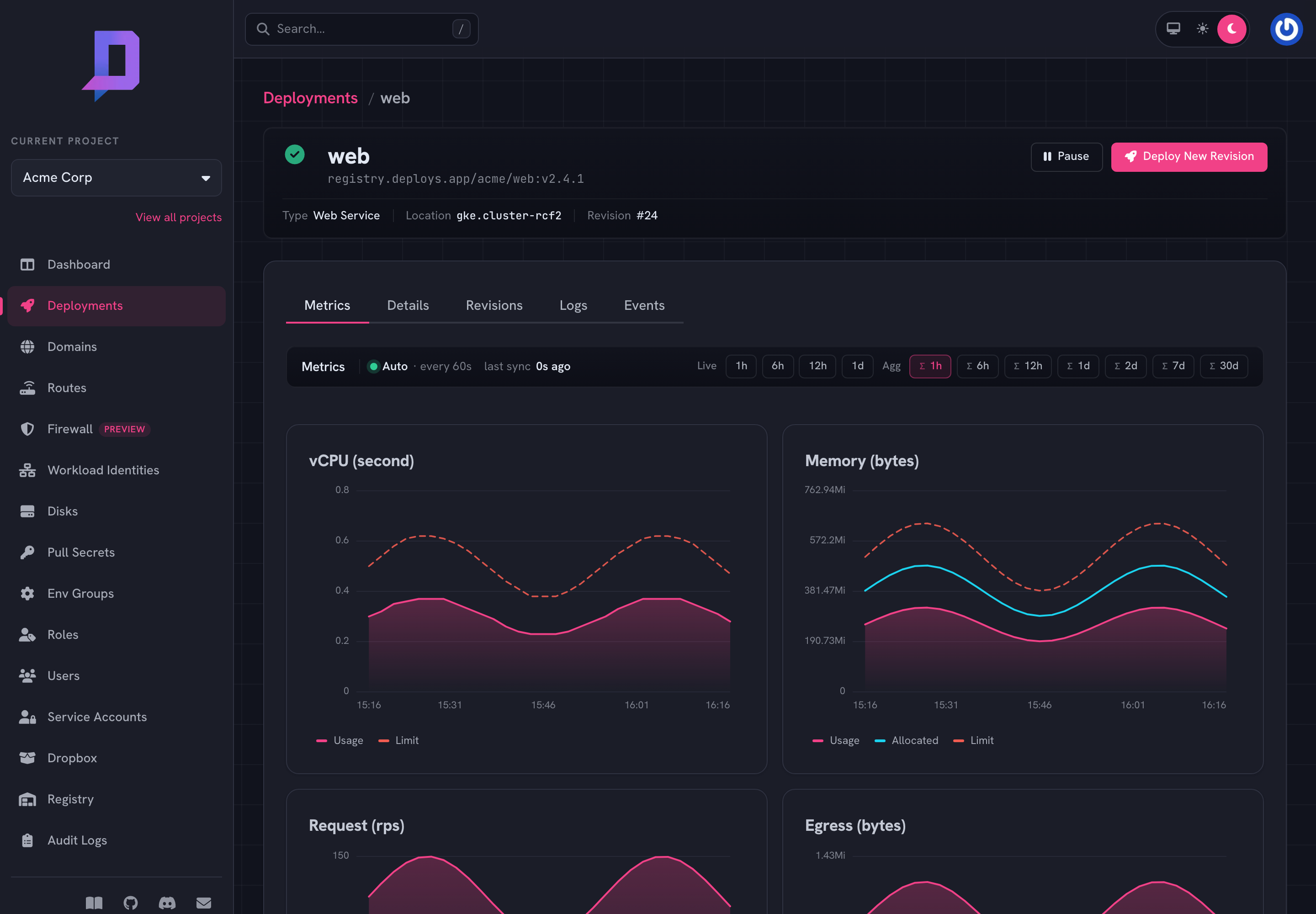 Live CPU, memory, request rate, and egress charts for the web deployment