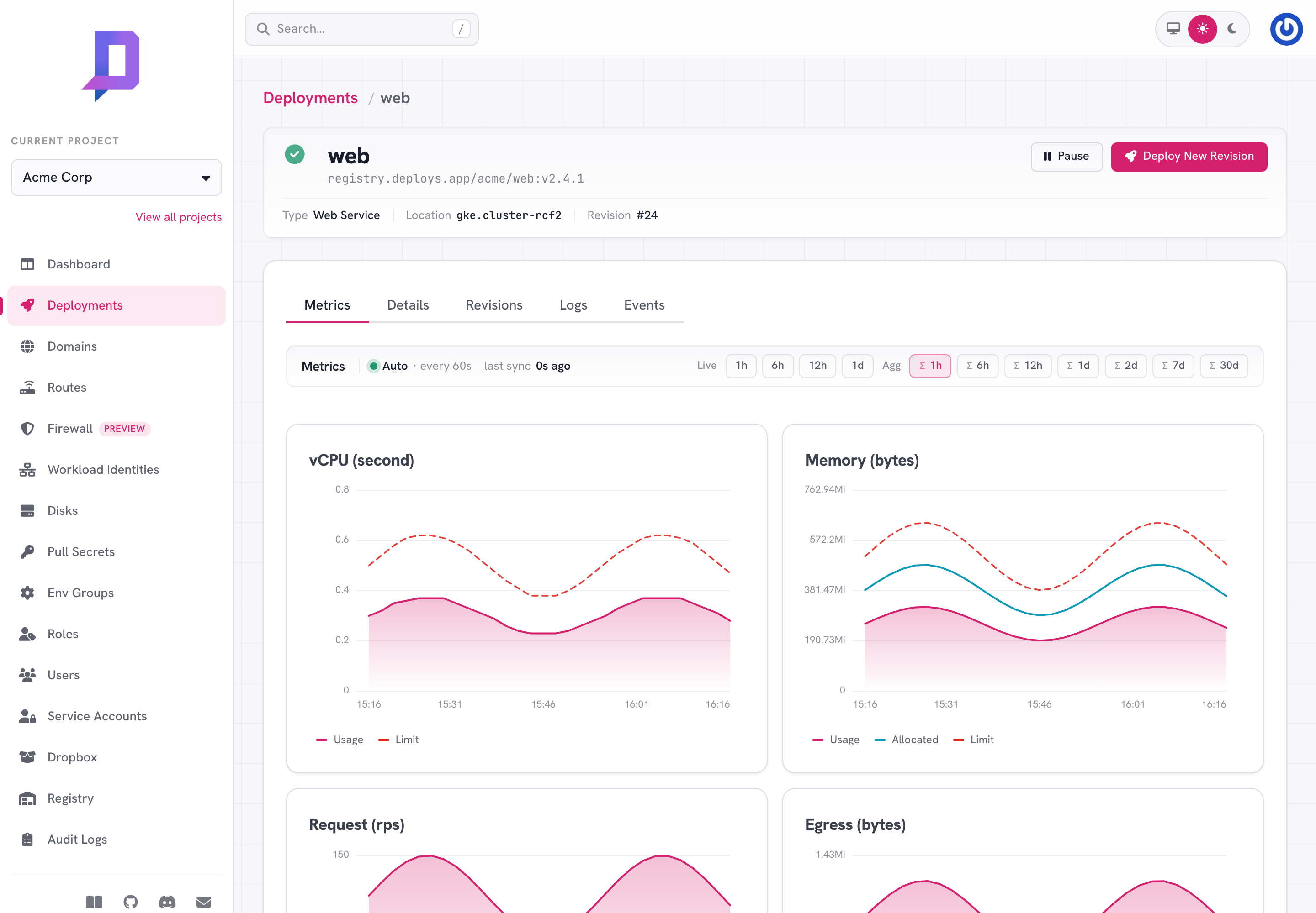Live CPU, memory, request rate, and egress charts for the web deployment