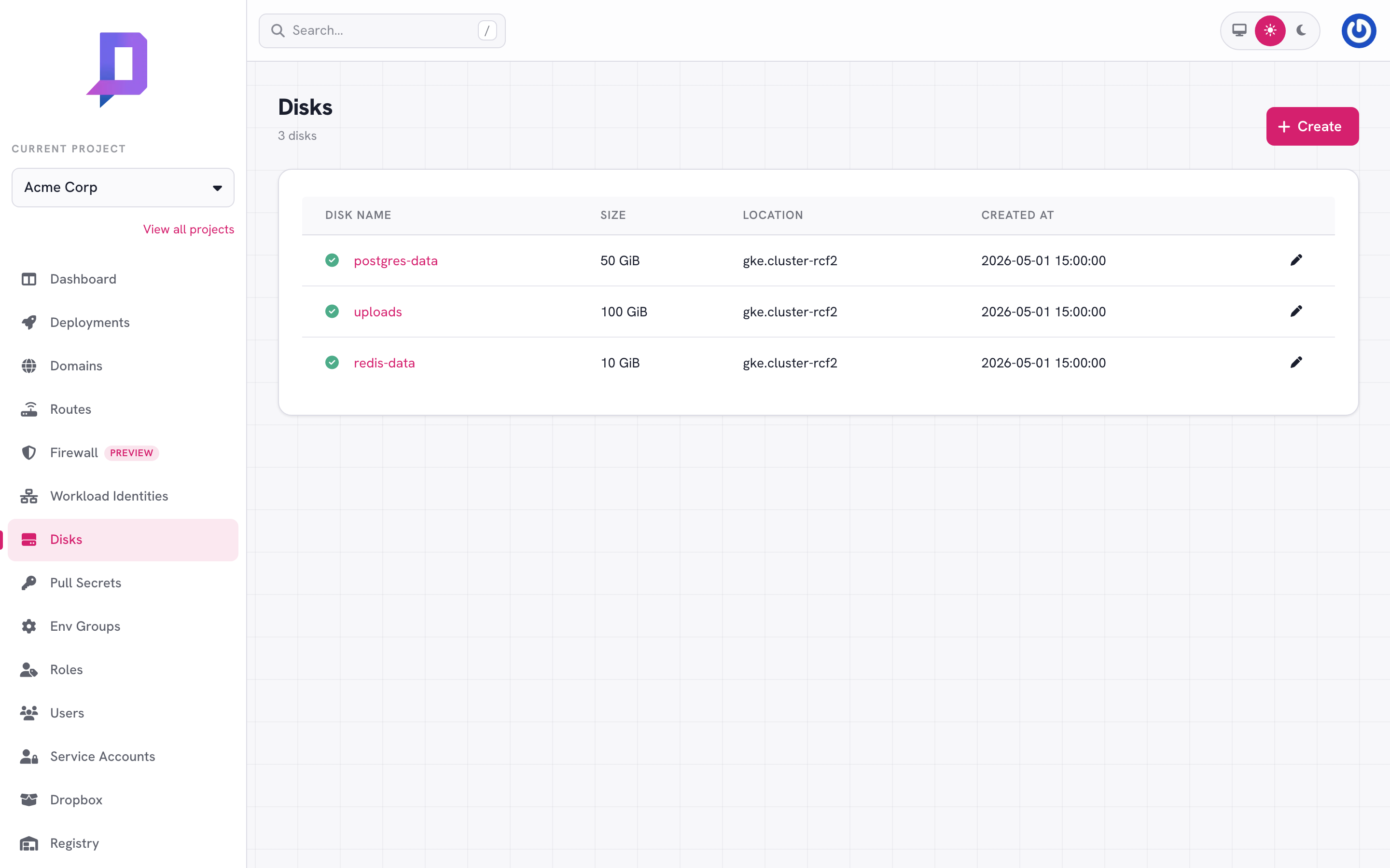 Disks: postgres-data 50 GiB, uploads 100 GiB, redis-data 10 GiB