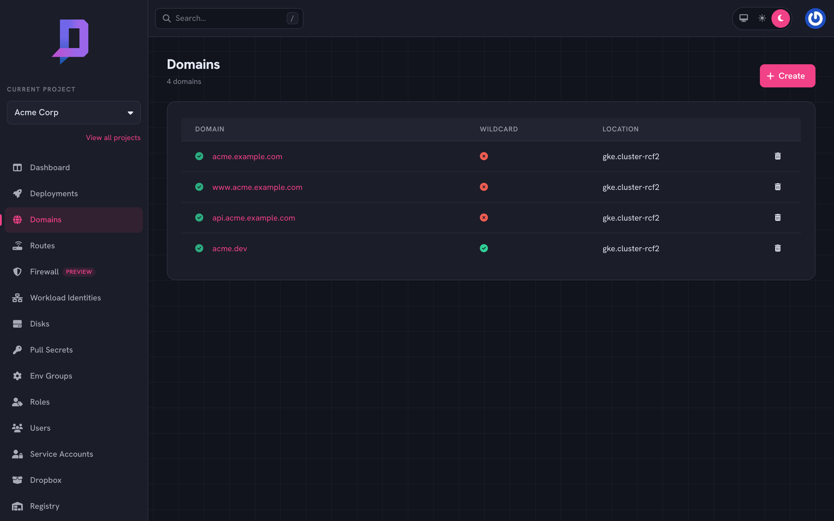 Domain list: apex, www, api, and a wildcard