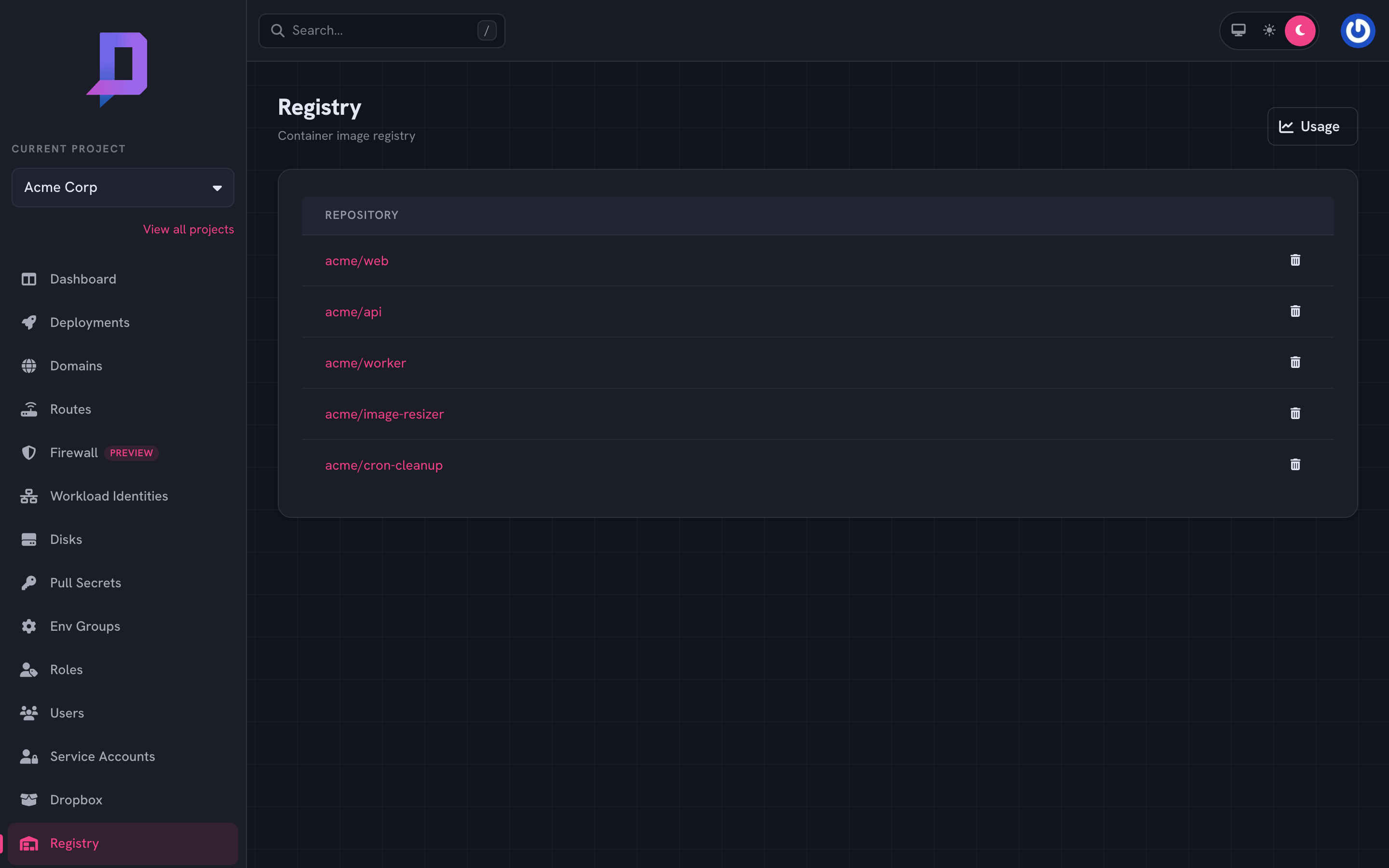 Registry list with five repositories in the acme project
