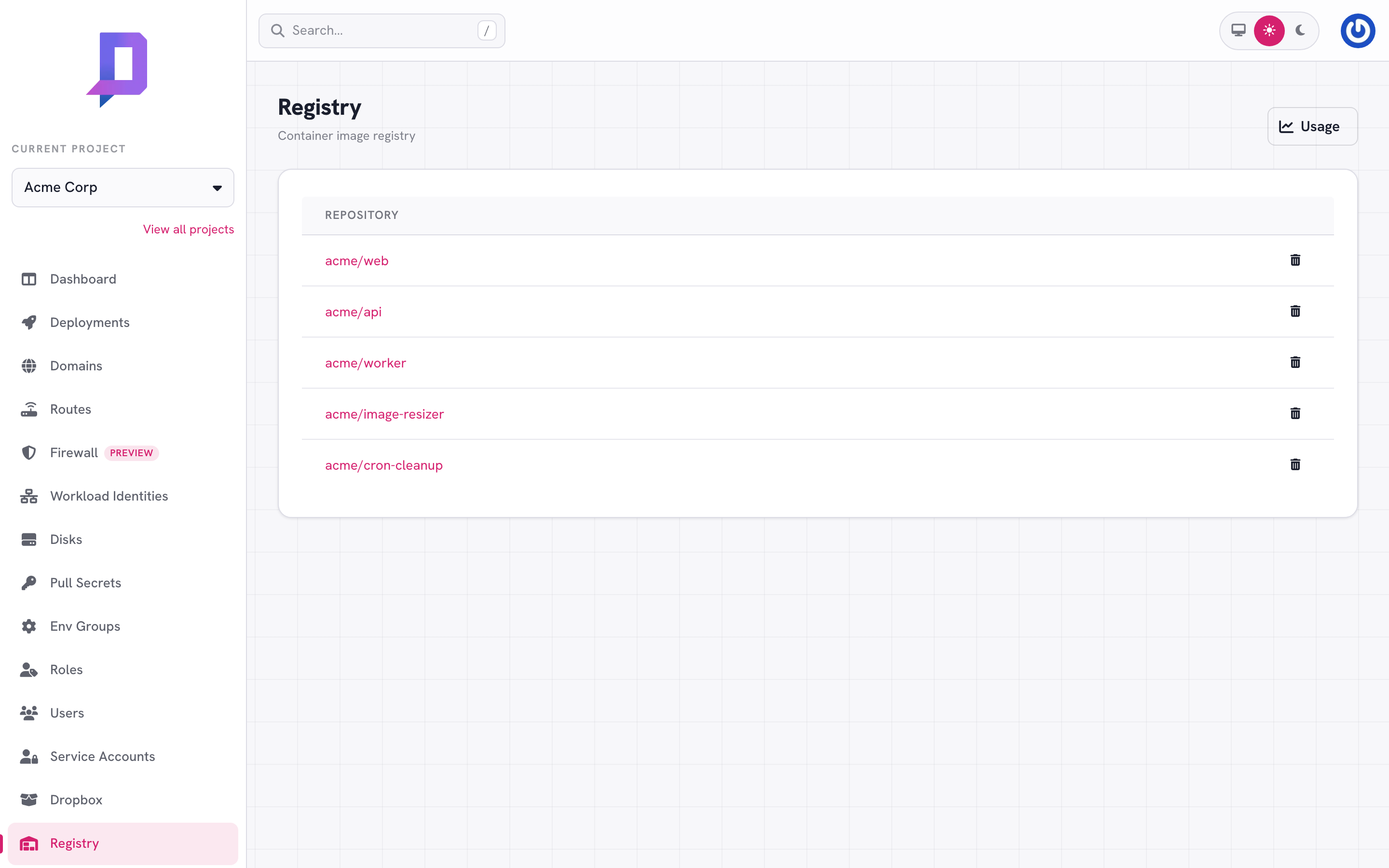 Registry list with five repositories in the acme project